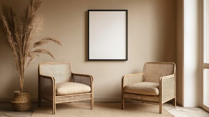 Boho style poster frame mockup in beige room with two rattan chairs, natural color, minimalist design, and free space on the wall for your decoration or images.