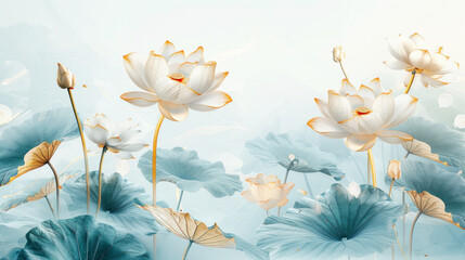 Golden lotus line arts on light blue background luxury gold wallpaper design wedding background