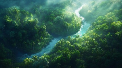 Aerial View of Lush Tropical Rainforest with Winding River