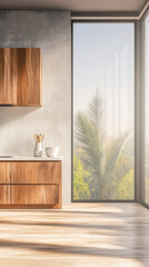 Modern kitchen interior with wooden cabinets and large window showcasing greenery