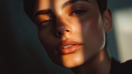 close-up of androgynous individual with cheekbones softly lit by ambient light