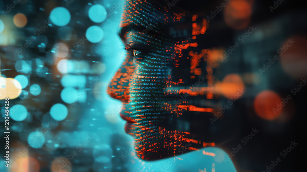 Poster a woman's profile is illuminated against a backdrop of vibrant digital data streams, signifying the 