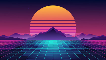 Vibrant Synthwave Sunset Landscape with Grid The image is a vibrant digital artwork in the synthwave or retro wave style, heavily inspired by 1980s aesthetics. A large, stylized sun or setting sun dom