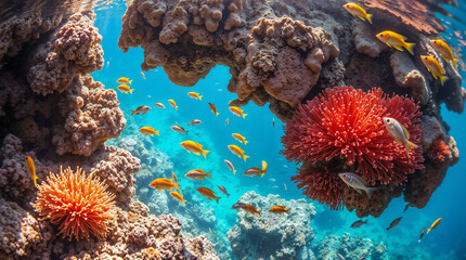 Vibrant Red Coral Formations with Dancing Yellow Fish in Azure Waters