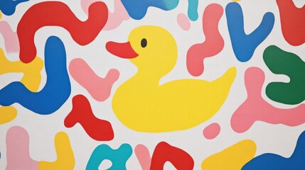 Playful Childrens Illustration Featuring a Yellow Rubber Duck Amidst Vibrant, Abstract Colorful Shapes