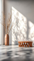 Elegant interior decor featuring a vase with branches and a wooden table