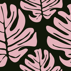 Seamless Pink Monstera on Black: Tropical Elegance Pattern