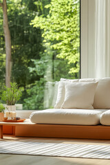 Fototapeta premium Cozy living room with large windows offering a view of lush greenery and natural light