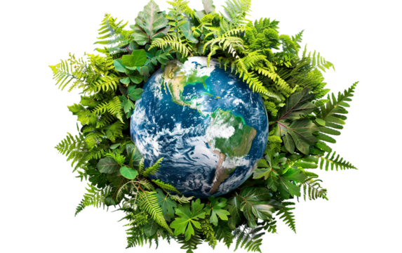 Globe embraced by various ferns showing the richness of plant life on Earth Isolated on Transparent background PNG - Powered by Adobe