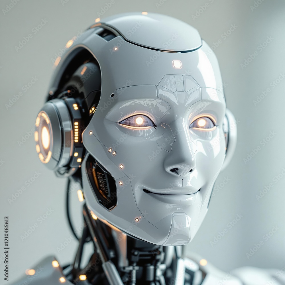 Poster futuristic humanoid robot with intricate design and luminous features