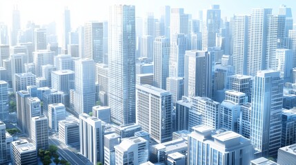 Obraz premium Aerial view of a modern cityscape featuring tall skyscrapers and business buildings under bright, clear daylight