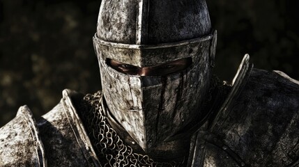 fearless knight in battle-worn armor stares intensely forward his scarred face partially visible beneath his lifted