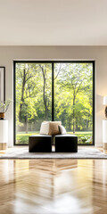 Fototapeta premium Cozy living room with large windows offering a view of a serene green landscape