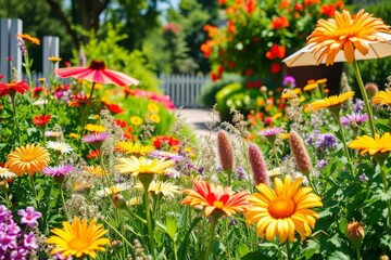 Wiese mit vielen Blüten im Sommer, blühende Bienenwiese im Garten