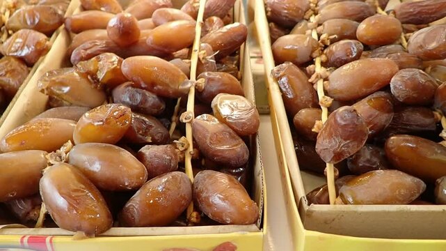 Dates or dattes palm fruit in wooden plate is snack healthy, Set of various dates bowl, Different kind of raw date fruit ready to eat, concrete background, Traditional, delicious and healthy ramadan