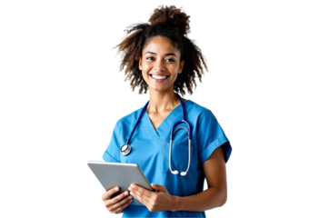 Smiling Female Nurse in Blue Scrubs with Stethoscope Holding Tablet – Healthcare Professional Isolated on Transparent Background