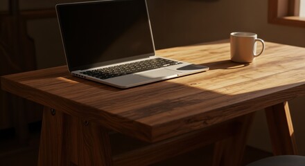 Cozy morning workspace with laptop and coffee cup on wooden table
