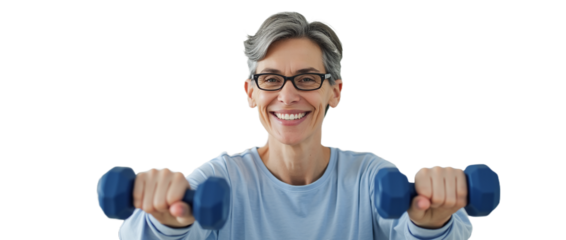 Mulher Idosa sorridente com grupo ao fundo praticando exercícios com haltere	sem fundo