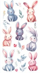 Charming watercolor bunnies nestled amongst lush greenery, a whimsical illustration perfect for children's designs, cards, and springtime decor.