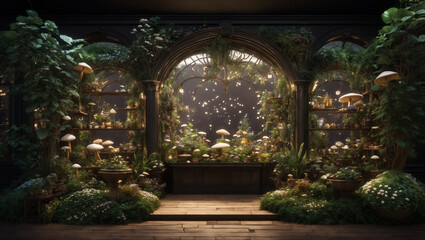 A dimly lit, whimsical illustration features a greenhouse filled with glowing mushrooms. Lush plants and fairy lights add to the enchanting, magical atmosphere.
