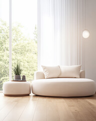 Fototapeta premium Modern minimalistic living room with cozy seating and natural light in a bright space
