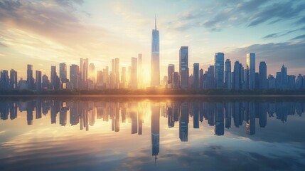 Obraz premium A breathtaking, hyper-realistic skyline of a modern city at sunrise, featuring iconic skyscrapers reflected perfectly on a tranquil water surface