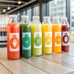 Variety of colorful juice bottles displayed on a table in a modern setting
