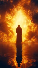 A dramatic silhouette of a mysterious figure stands before an intense wall of fire, reflected in still water, symbolizing power, transformation, and spiritual awakening in a surreal atmosphere.