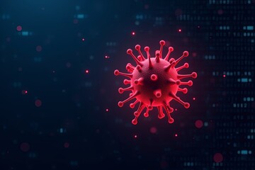 Glowing red virus icon in spiky sphere, digital binary code background, cybersecurity threat