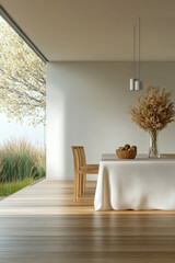 Elegant dining area with natural light and minimalist decor in a serene setting