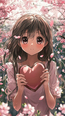 Fototapeta premium Girl with long, dark brown hair and large, expressive eyes, holding a shiny red heart-shaped object. She has a gentle smile and rosy cheeks.