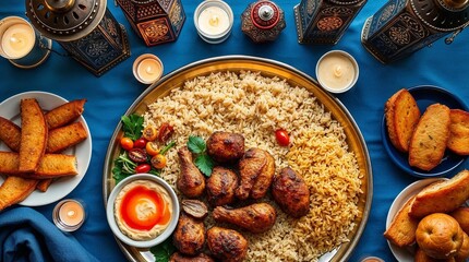 Luxurious Traditional Iftar Feast with Golden Platter and Candlelight on Blue Tablecloth
