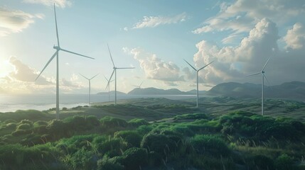 A picturesque view of wind turbines on green coastal islands surrounded by the ocean, showcasing renewable energy, sustainability, and eco-friendly power solutions in harmony with nature.