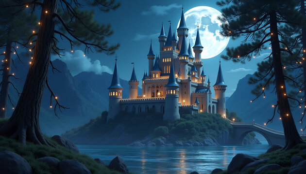 Fairy tale castle illuminated at night under a full moon with serene lake reflection