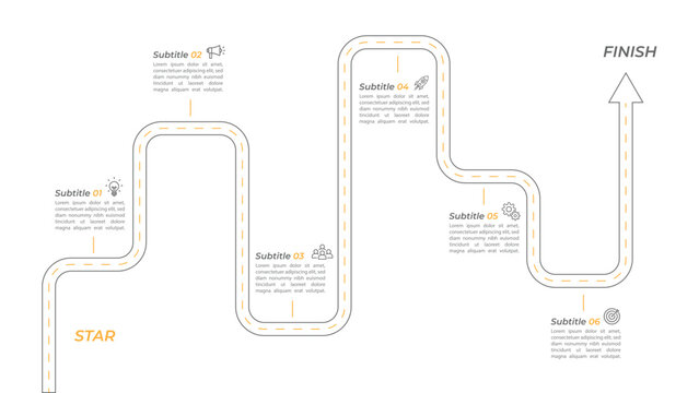 Infographic roadmap design template. Business Timeline of 6 Important Business Events annual business presentation. Vector illustration