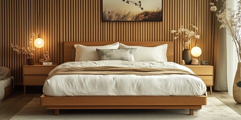 Contemporary bedroom with warm wood paneling  
