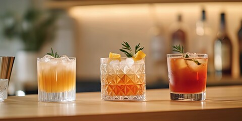 Artisan cocktails on rustic wooden bar  
