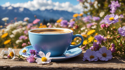 A close up of a blue cup of coffee on a wooden surface, surrounded by flowers. The image is used in a stock image database.