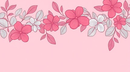 Fototapeta premium Elegant Floral Garland Illustration Featuring Interconnected Flowers and Leaves on a Soft Pink Background for Decorative or Artistic Use