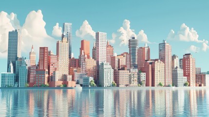 Fototapeta premium cityscape, beautiful skyline view, 3D, icon, color clay, simple lake 