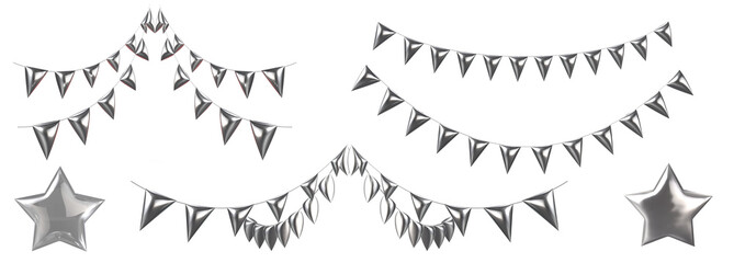 A curved line of metallic silver bunting flags, 3D render, futuristic design.