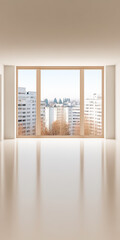 Fototapeta premium Modern interior with a large window showcasing a city view on a sunny day