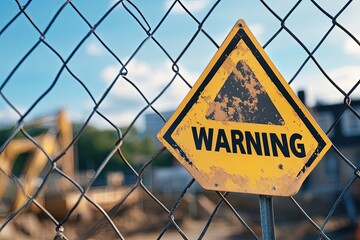 Bold warning sign on yellow triangular background, chain-link fence with blurred construction site