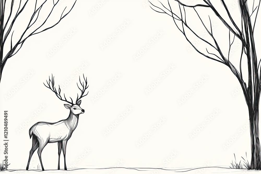 Poster minimalistic line drawing of deer standing in tranquil forest simple ink strokes creating elegant si