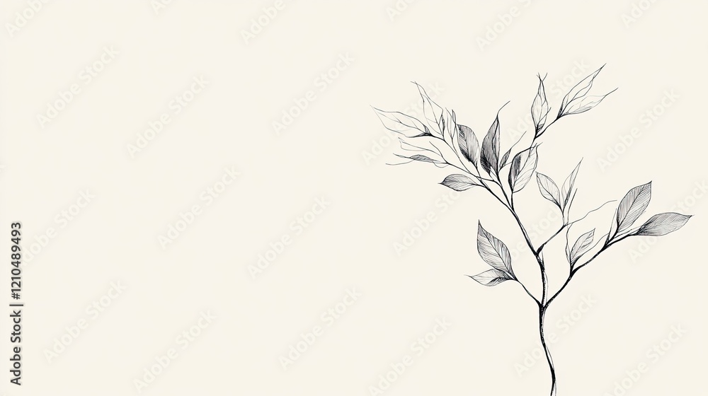 Poster minimalistic illustration of single tree branch with few leaves delicate ink lines on pale backgroun