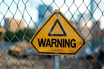 Bold warning sign on yellow triangular background, chain-link fence with blurred construction site