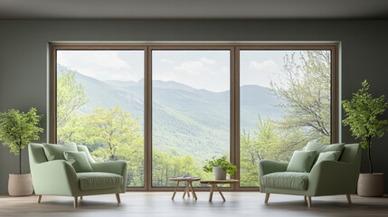 Cozy living room with mountain view and greenery during a sunny day