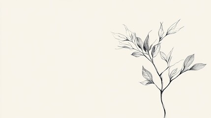 Obraz premium minimalistic illustration of single tree branch with few leaves delicate ink lines on pale background spacious layout