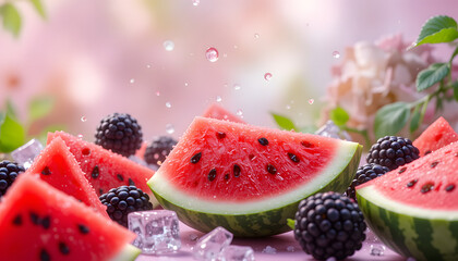 Juicy watermelon and blackberries with ice cubes.
