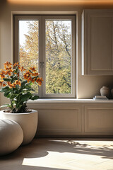 Modern interior design featuring a plant by a large window with autumn foliage outside